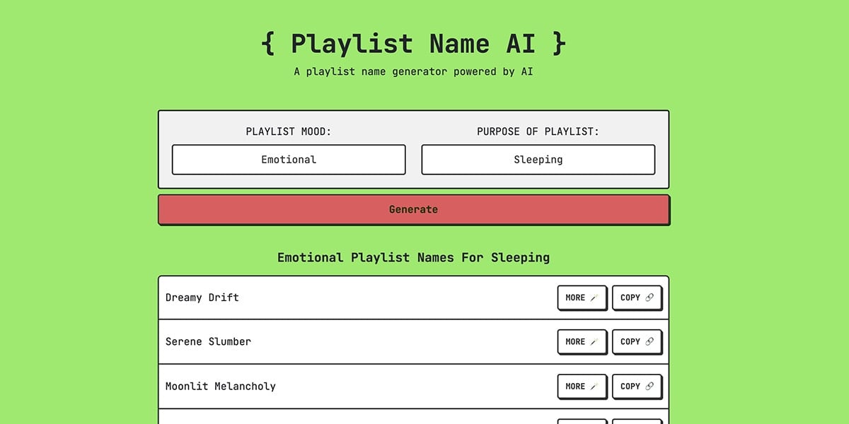 PlaylistName AI — генератор имен плейлистов, который вдохновит вас на название вашего следующего плейлиста.