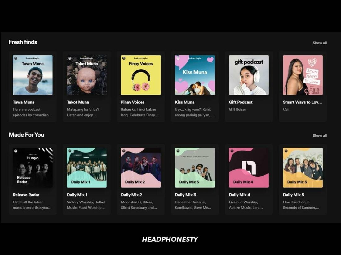 Изображение из Spotify, показывающее свежие находки и плейлисты Made For You.