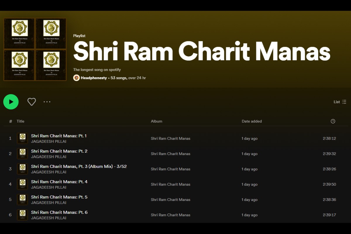 Скриншот плейлиста Шри Рам Чарит Манас на Spotify